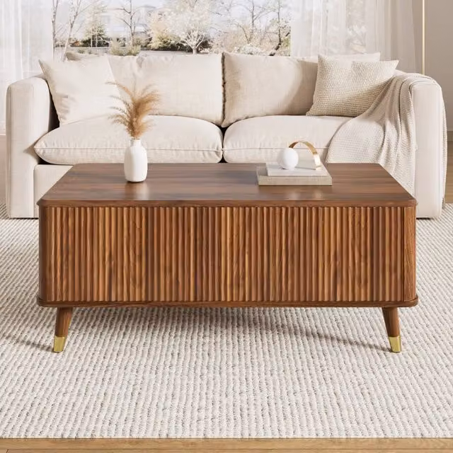 Tavolino basso 97x52x56,5 cm noce MDF, piano sollevabile con vano