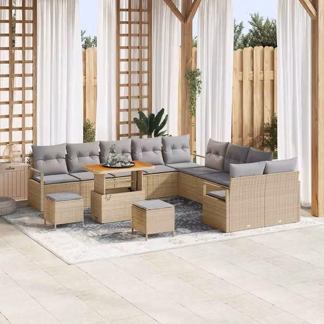 Set Divano da Giardino vidaXL a Forma di U in Polyrattan Beige con Cuscini e Tavolino da Esterno
