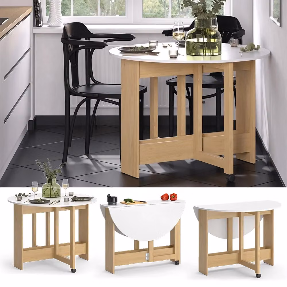 Tavolo da pranzo estensibile e pieghevole Vicco Rondo in rovere e bianco con piano a farfalla e ruote, L/P: 100 x 100 cm, H: 73 cm – 2