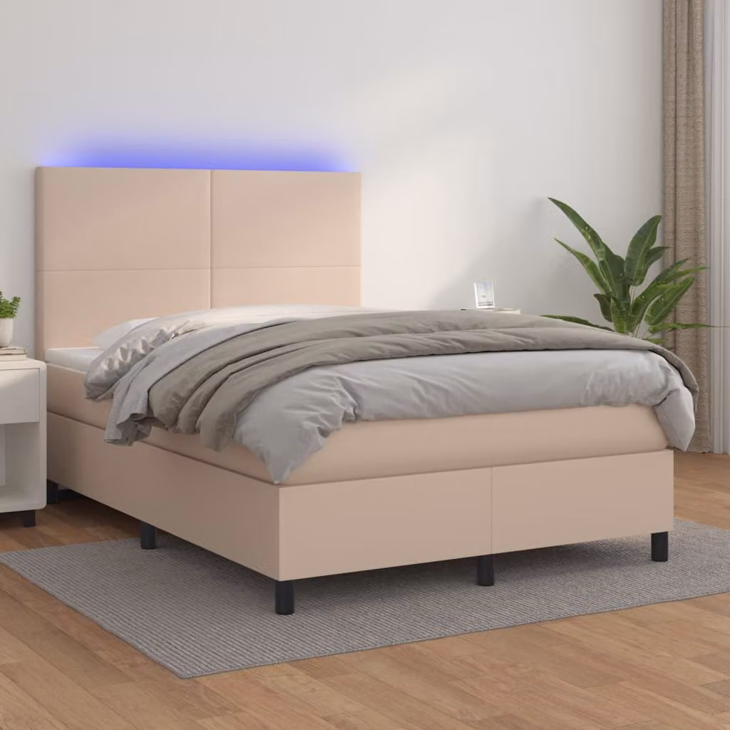 vidaXL Letto con Giroletto a Molle e Illuminazione LED in Similpelle Cappuccino L: 140 cm, P: 190 cm – 1