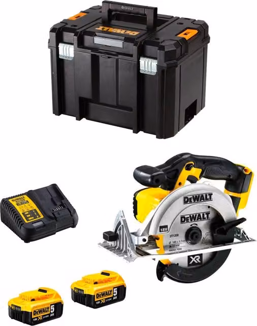Sega Circolare DeWalt DCS391P2 Gialla con 2 Batterie da 5,0 Ah, Caricatore DCB115 e Contenitore TSTAK VI – 1