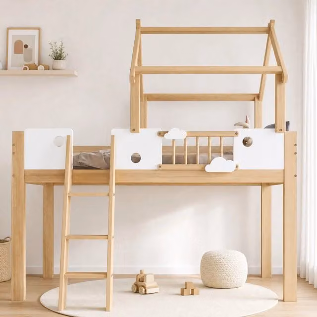 Letto a soppalco 90x200 cm con tetto; scala inclinata a 3 gradini; legno massello e MDF; bianco naturale