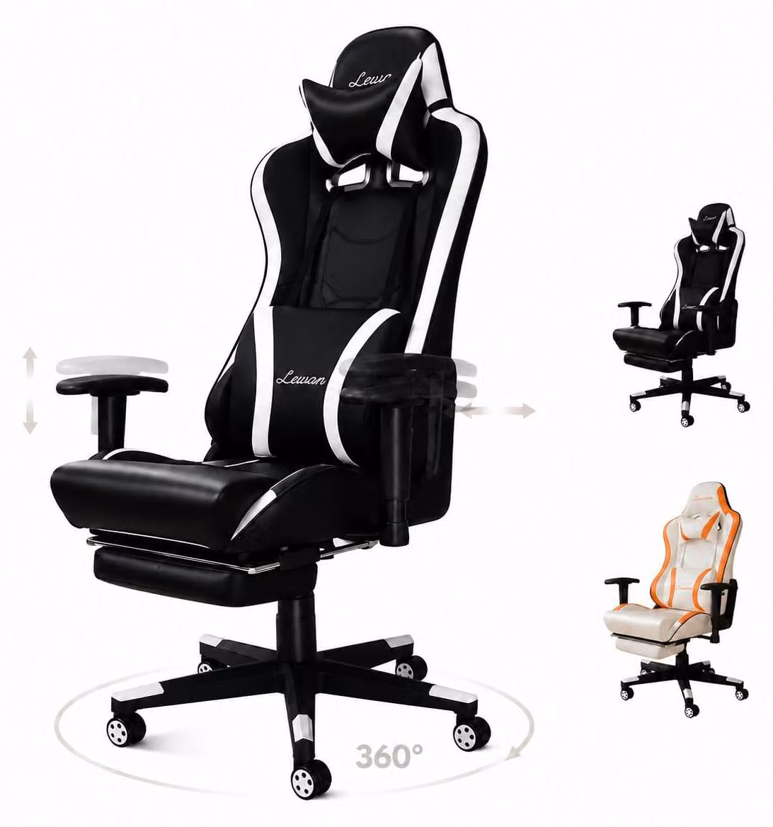 Sedia da gaming ergonomica con supporto lombare, poggiapiedi e rotazione a 360°