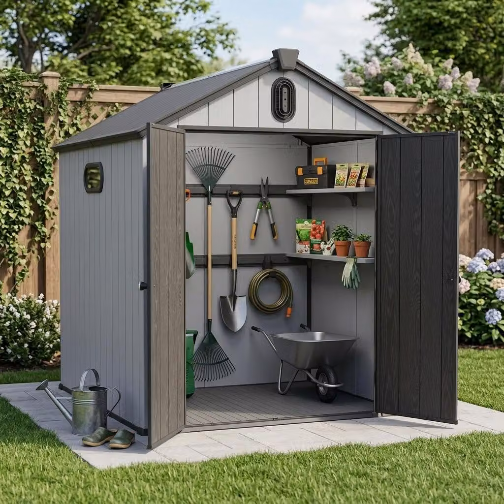 Capanno per attrezzi in plastica, dimensioni 6 x 8 piedi, con tetto a spiovente, copertura impermeabile, grondaia integrata, apertura della porta a 180° e struttura a doppia parete, colore grigio/nero