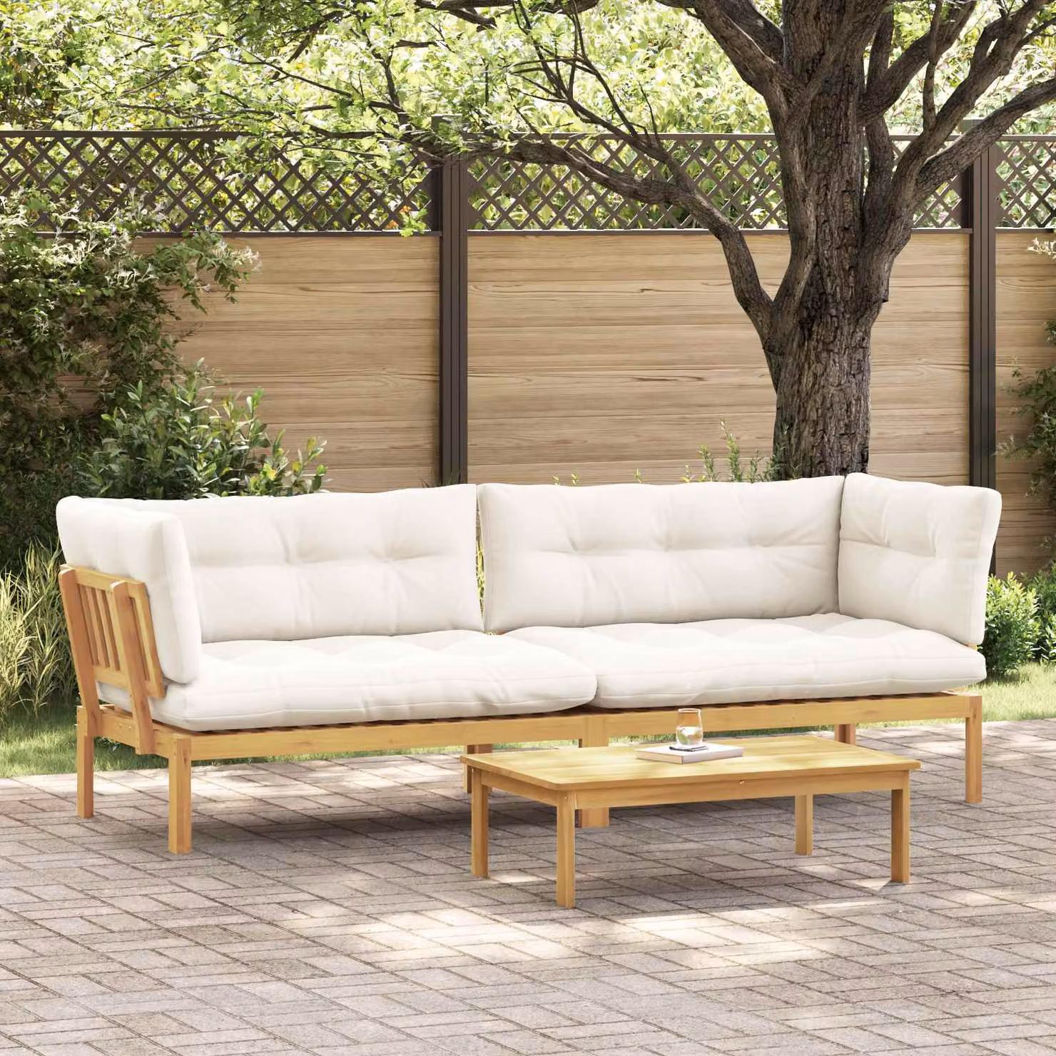 Set di divano da giardino a L vidaXL in legno di acacia con cuscini, 2 pezzi, marrone e bianco