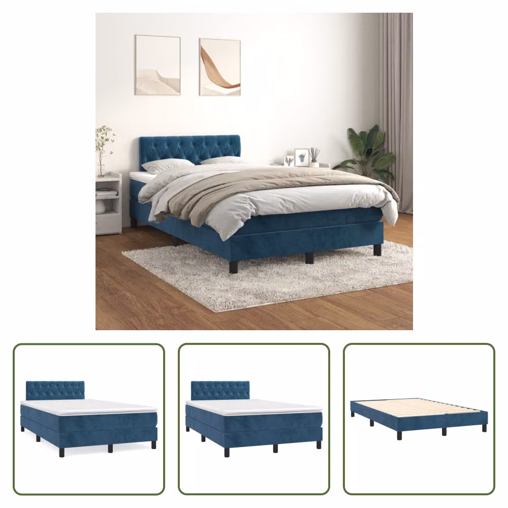 The Living Store Letto a molle con materasso blu scuro 120x200 cm in velluto