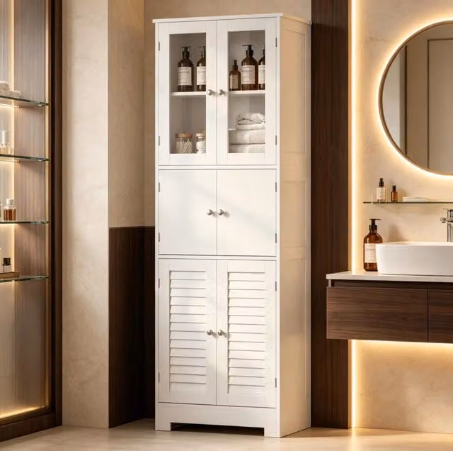 Mobile bagno alto bianco con 6 ante, 2 in vetro e 2 scorrevoli, mensole regolabili, 60x30x170,5 cm