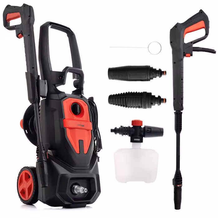 Idropulitrice LEHMANN con pompa in alluminio, 2200 W, max. 240 bar, portata 480 l/h, tubo flessibile ad alta pressione da 10 m, con accessori inclusi.