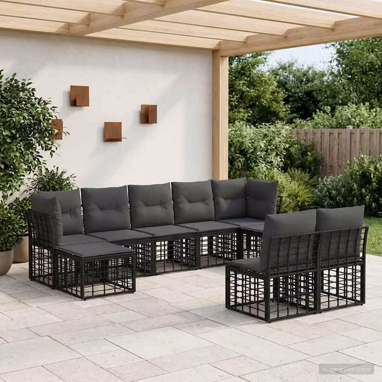 Set di divani da esterno a L vidaXL in polyrattan con pouf e cuscini, Nero e Grigio