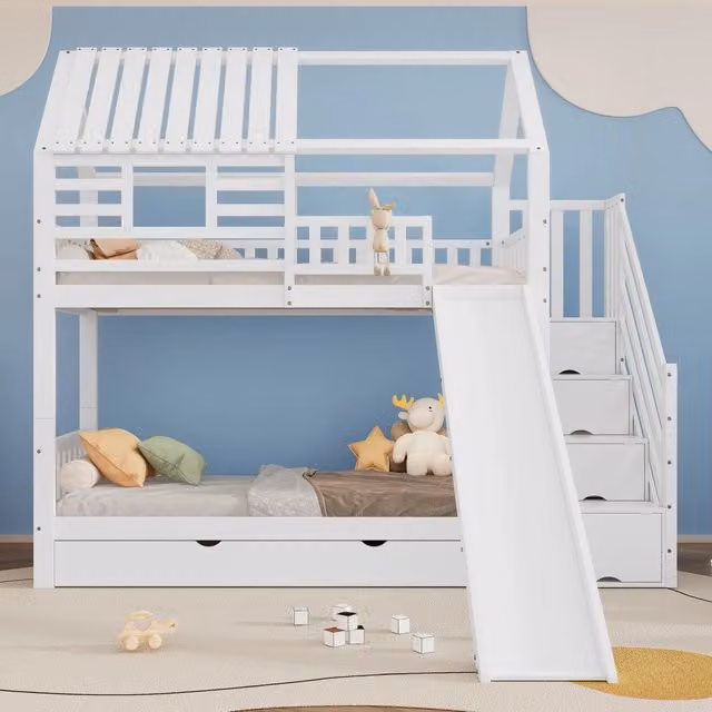 Letto a castello per bambini con scala e scivolo, casetta con finestra e tetto, scala contenitore, pino+MDF - Bianco 90x200 cm x 2