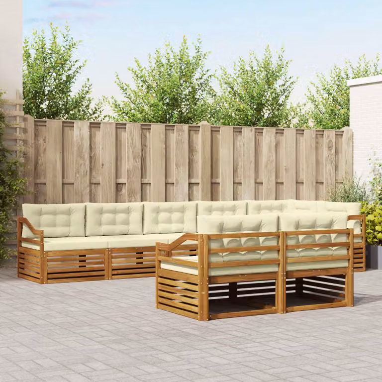 Set di divani da esterno vidaXL a forma di L in legno di acacia con cuscini, 8 pezzi, Naturale e Crema