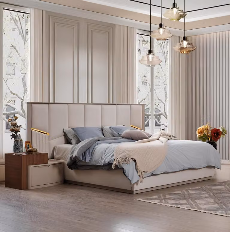 Moderne Beige Schlafzimmer Garnitur Luxuriöses Doppelbett + Nachttische