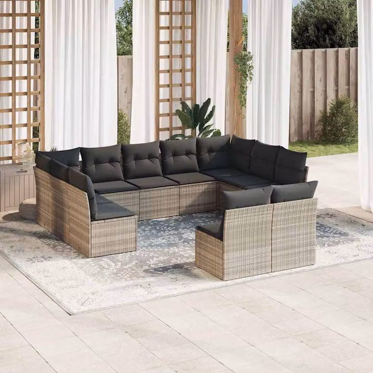 Set di divani da giardino vidaXL 11 pz in polyrattan grigio con cuscini imbottiti e struttura in metallo a forma di U