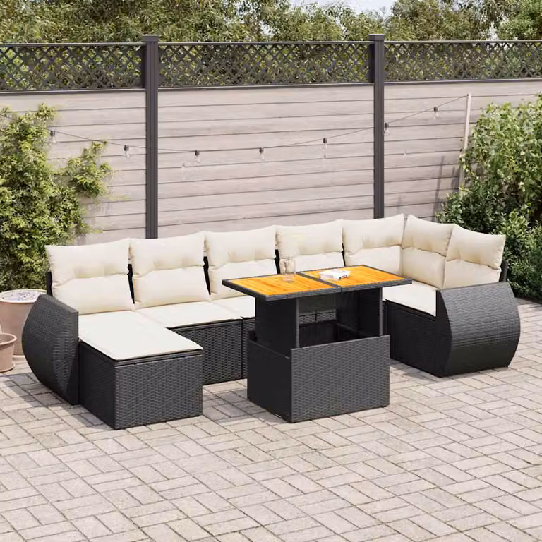 Set Divano da Giardino a L vidaXL in Polyrattan Nero con 8 Cuscini e Tavolino da Esterno