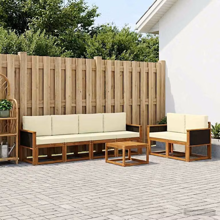 Set di divani da esterno vidaXL in legno di acacia con cuscini, 6 pezzi, Beige e Marrone