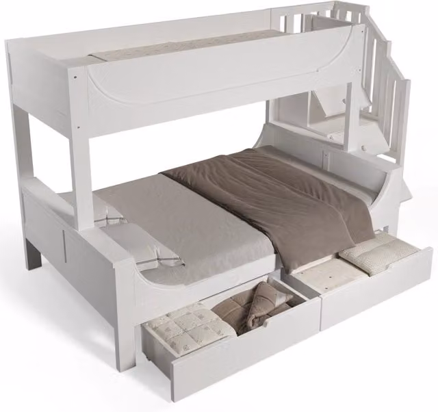 Letto a castello per bambini bianco in legno con scala-armadio, cassetti contenitore e protezione anticaduta
