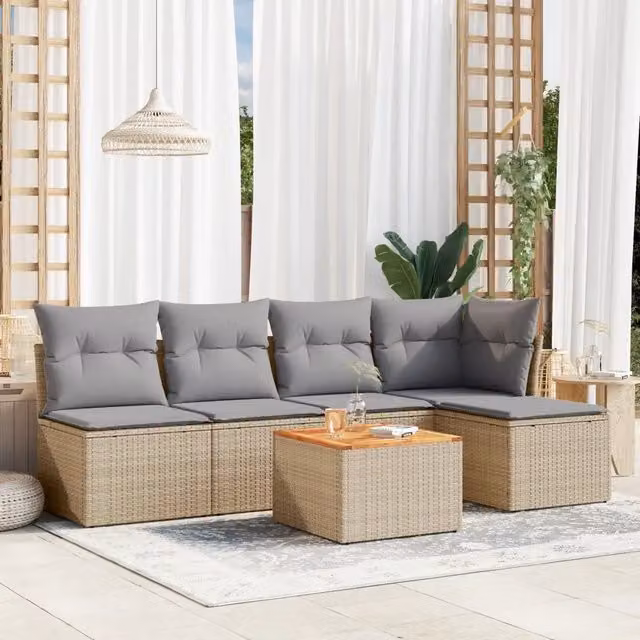 Set Divano da Giardino a L vidaXL in Polyrattan con Cuscini Beige e Grigio, 6 Pezzi – 1