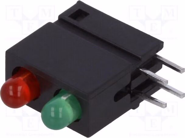 1 LED, angolo di emissione 40°, colore verde, 3 mm, tensione di funzionamento 2÷2,2V, modello DVDD202. Utilizzato come indicatore, corrente di funzionamento 20mA. Numero di diodi nel package: 2