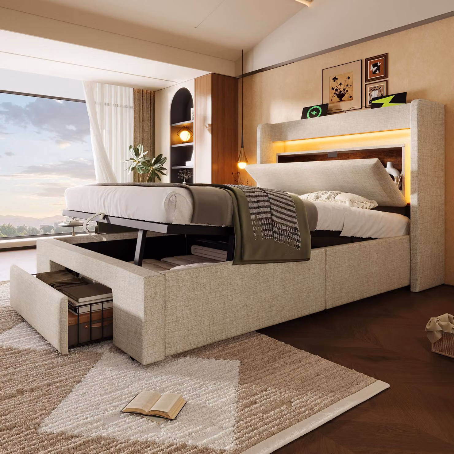Letto imbottito 90x200, con sistema di sollevamento idraulico, contenitore integrato, poggiatesta con vano portaoggetti, illuminazione LED, porte USB e USB-C, doghe in legno, rivestito in lino, senza materasso.