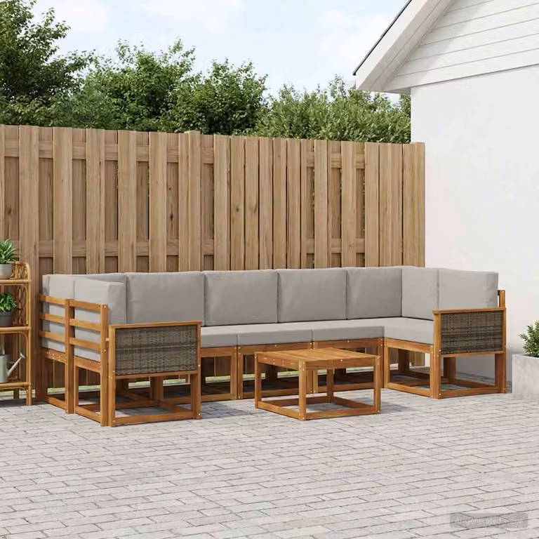 Set di divani da esterno vidaXL a forma di L in legno di acacia con cuscini, beige e grigio