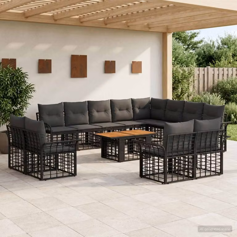 Set Divano da Giardino vidaXL 13 pz in Polyrattan con Tavolino e Cuscini, Design Moderno a L, Colore Nero e Grigio