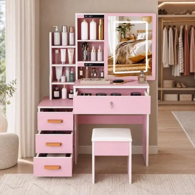 Toeletta Hollywood con Specchio LED e Sedia in MDF Rosa REDOM