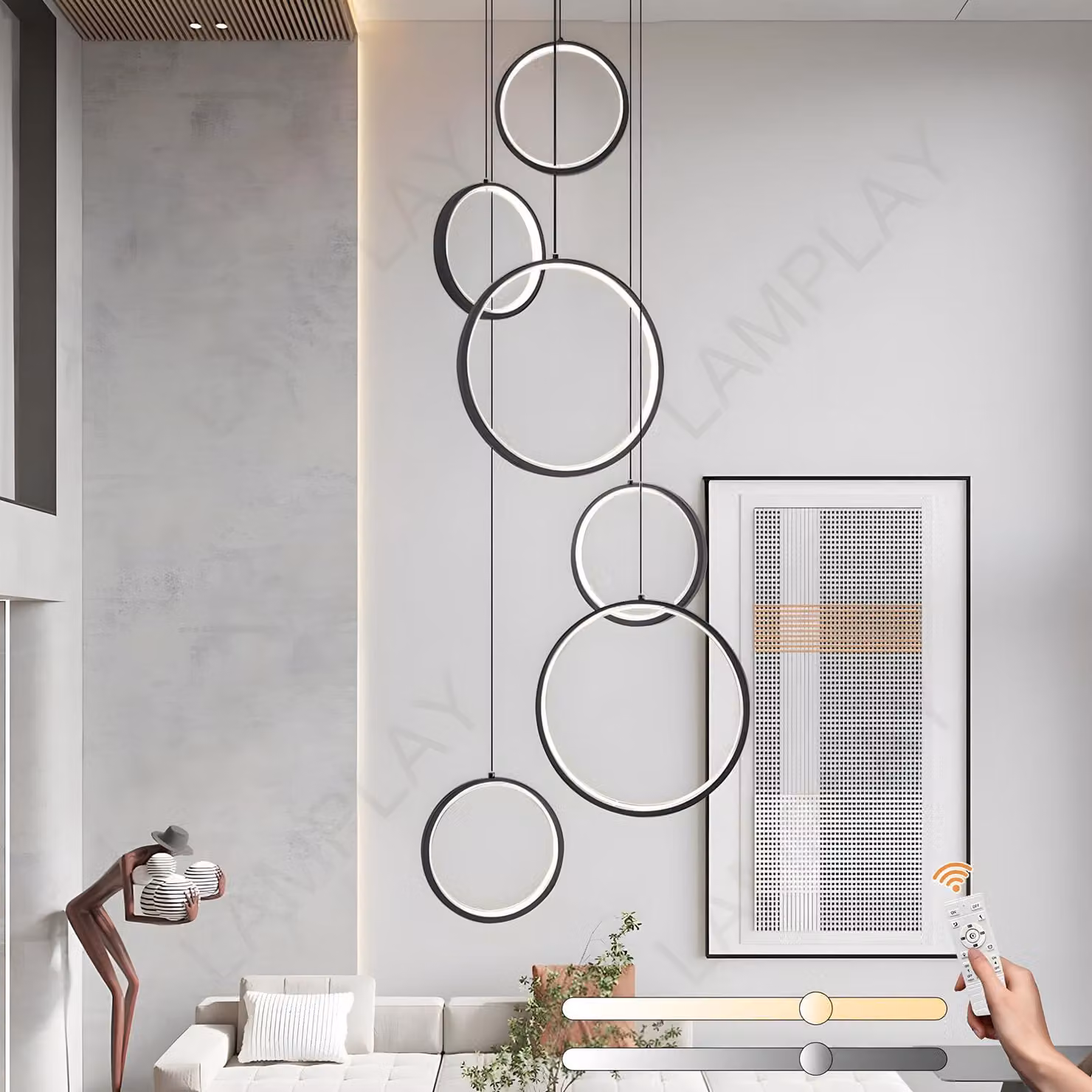 Lampada a soffitto a LED con 6 anelli neri, dimmerabile, temperatura di colore regolabile da 3000K a 6000K
