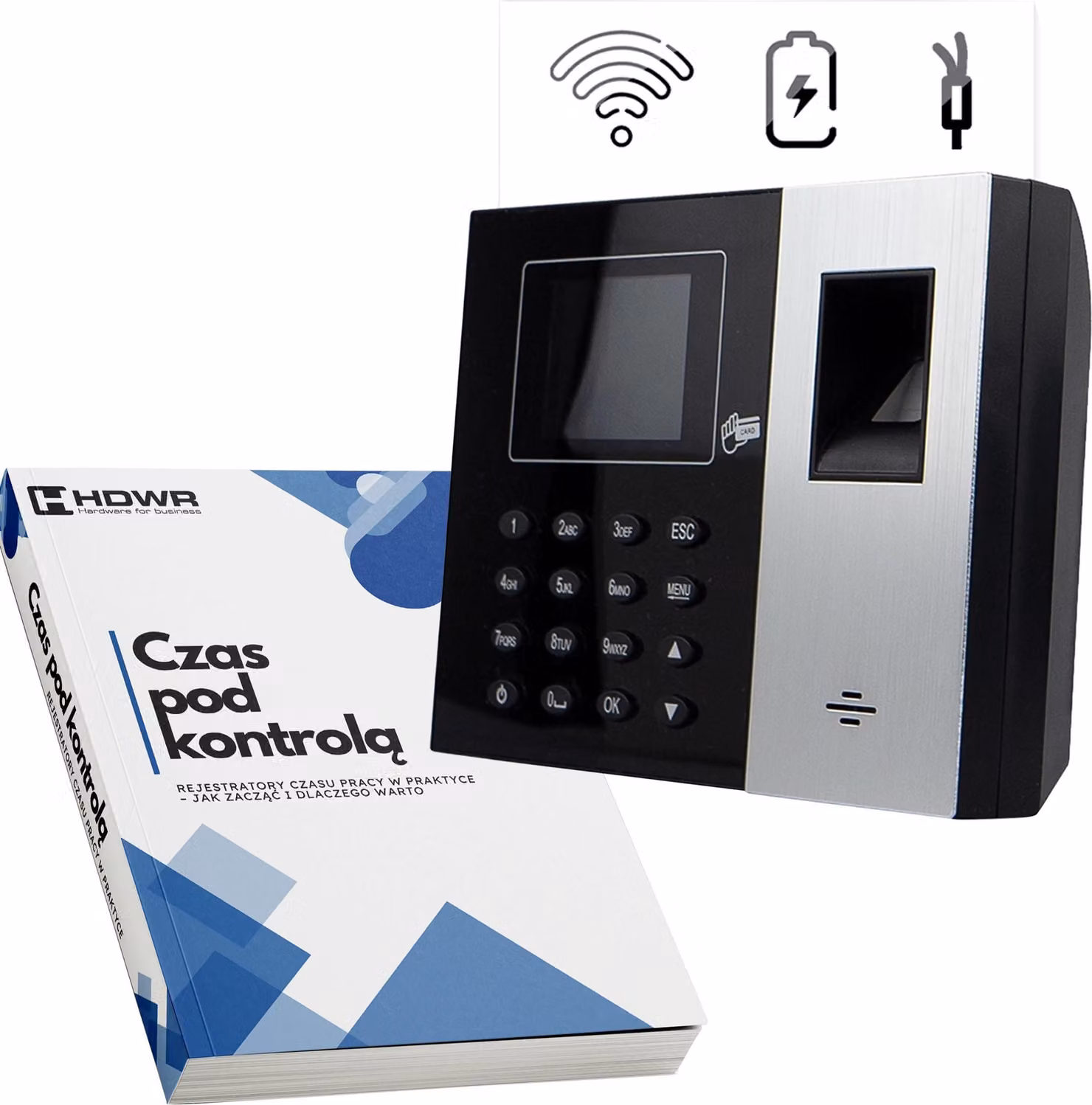 Dispositivo di registrazione dei tempi + LAN, batteria supplementare, IC Wiegand, USB, WiFi, WEB, P2P, kHz e 13,56 MHz + EBOOK "Il tempo sotto controllo