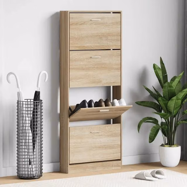 Scarpiera moderna vidaXL in legno color rovere, con ante a ribalta e ripiani interni, da appendere al muro, L: 59 cm, P: 17 cm, H: 150 cm