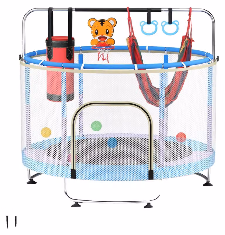 Trampolino, asta regolabile, diversi accessori, colore blu