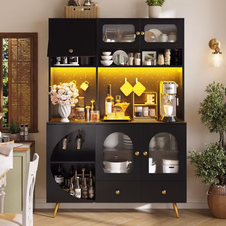 Armadio alto da cucina con illuminazione a LED, prese USB, prese di corrente, portabottiglie per vino, colore nero, dimensioni 120x40x176 cm