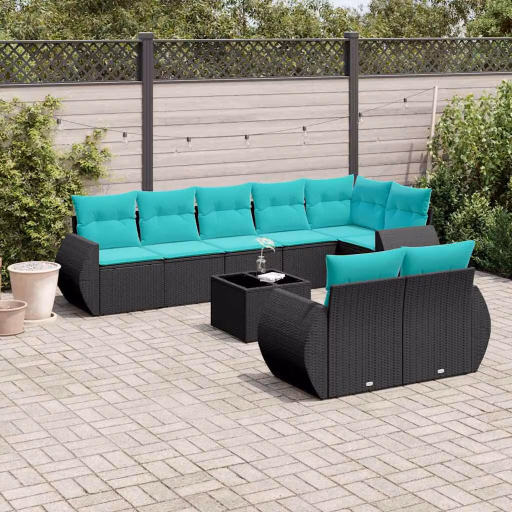Set Divani da Giardino vidaXL 9 pz in Polyrattan con Cuscini e Tavolino, Design Moderno a L, Colore Nero e Blu