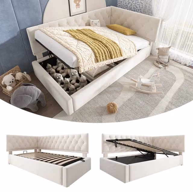 Letto giorno 90x190 cm beige in velluto con vano contenitore idraulico e rete