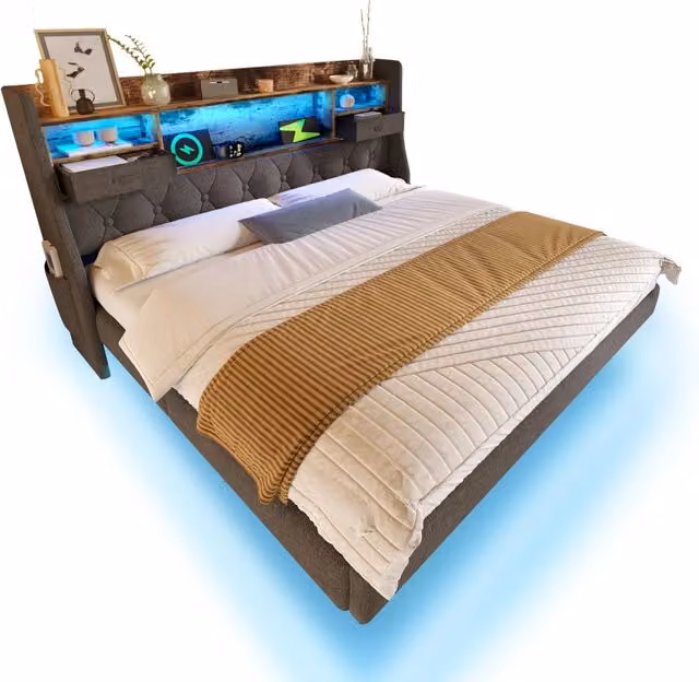 Letto Matrimoniale 160x200 Imbottito in Lino Grigio con Testiera Contenitore; Prese USB/Type-C e Illuminazione LED