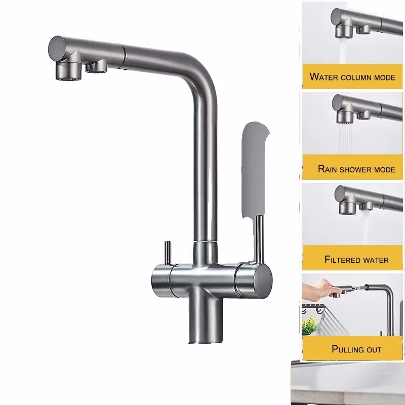 Rubinetto da cucina con doppia maniglia, funzionalità acqua fredda e calda, struttura in ottone resistente, grigio canna di fucile
