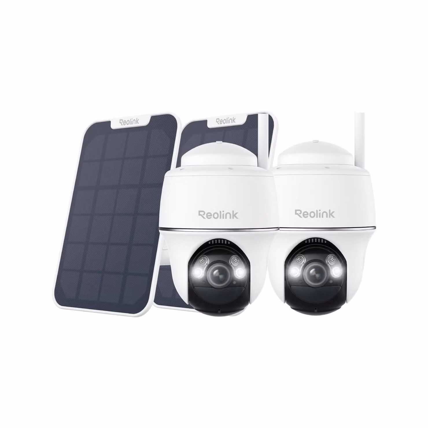 Reolink Argus PT+Pannello solare, telecamera di sorveglianza per esterni 2K+ 5MP a batteria PT, WiFi 2,4/5GHz, Pan&Tilt, visione notturna a colori, rilevamento persone/veicoli, 2 Pack