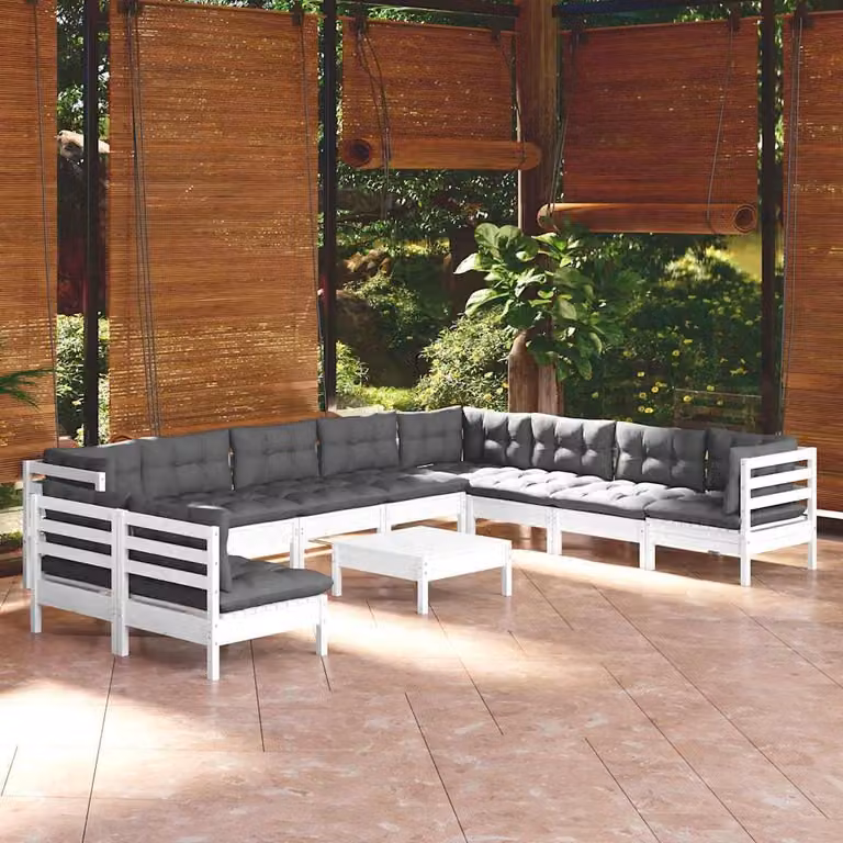 vidaXL Set Divani da Giardino 11 pz a Forma di U in Legno di Pino con Cuscini Bianchi e Antracite
