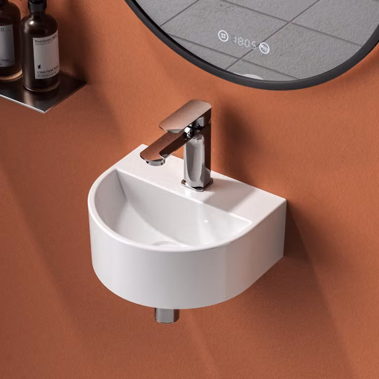 EMKE lavabo a U compatto in Vetroceramica da parete 30,3 × 25,5 × 12 cm -Bianco con foro per rubinetto