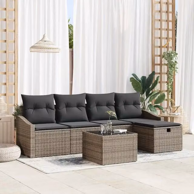 Set di divani da giardino vidaXL in polyrattan grigio con tavolo e pouf, composto da 5 pezzi con struttura in acciaio e cuscini inclusi – 1