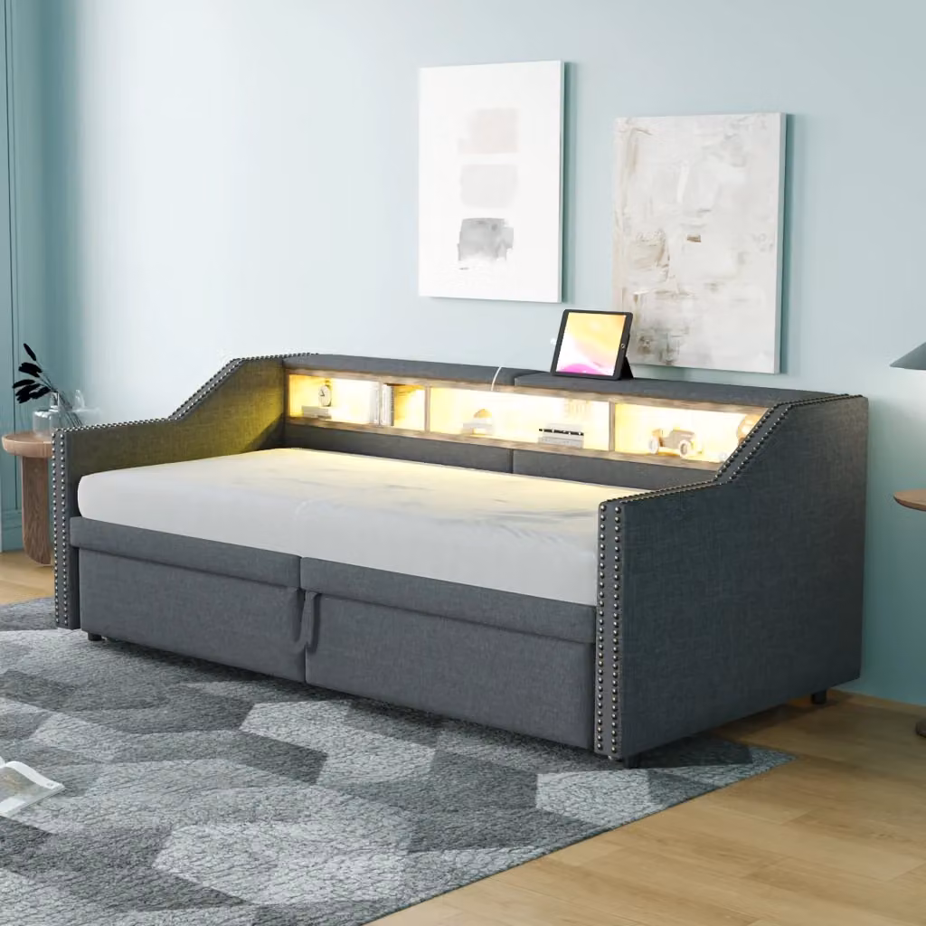 Letto matrimoniale estraibile moderno con materasso incluso, illuminazione LED, porta USB e ripiani laterali, colore grigio, L/P/H: 180 x 200 cm – 2