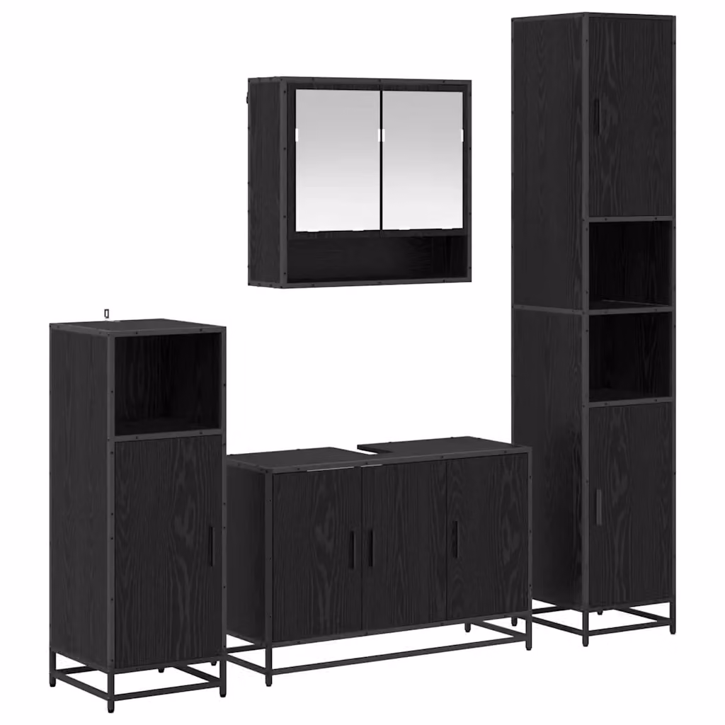 Set di mobili per il bagno moderno vidaXL 4 pezzi in legno e metallo nero con illuminazione LED, composto da armadietto con specchio, mobile lavabo, mobile laterale e colonna alta – 2