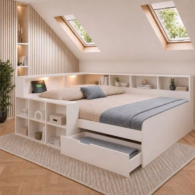 Letto in legno 140x190 cm, bianco, con spazio contenitore, luce da lettura, porte USB Type-C, cassetti e ripiano aperto. Senza materasso