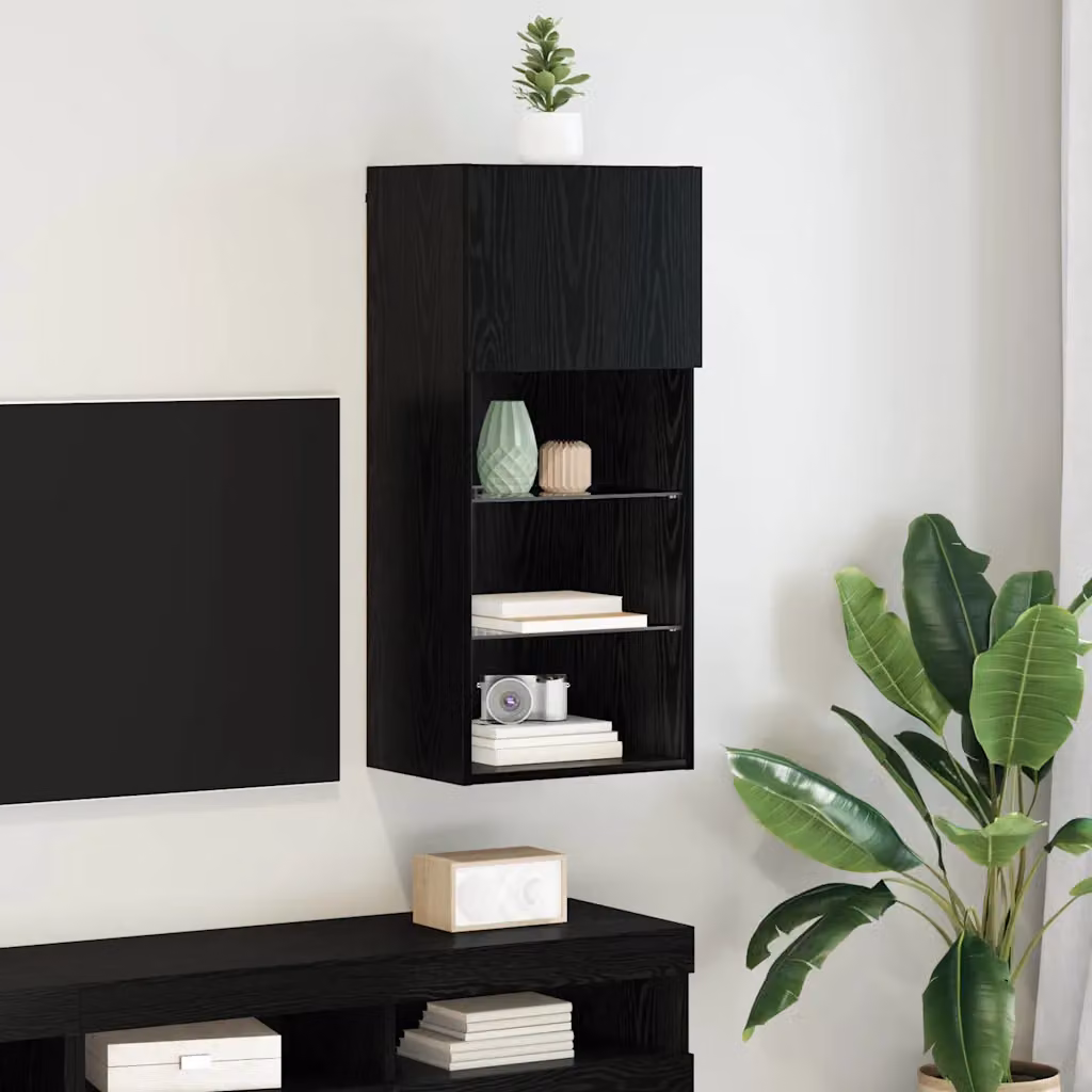 Mobile TV da parete vidaXL moderno in rovere nero con illuminazione integrata L: 40,5 cm, P: 30 cm, H: 90 cm