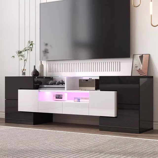 Mobile TV Mivray bianco lucido con 6 ante, 2 cassetti, 3 vani e illuminazione LED integrata L/P/H: 145 x 30 x 51 cm