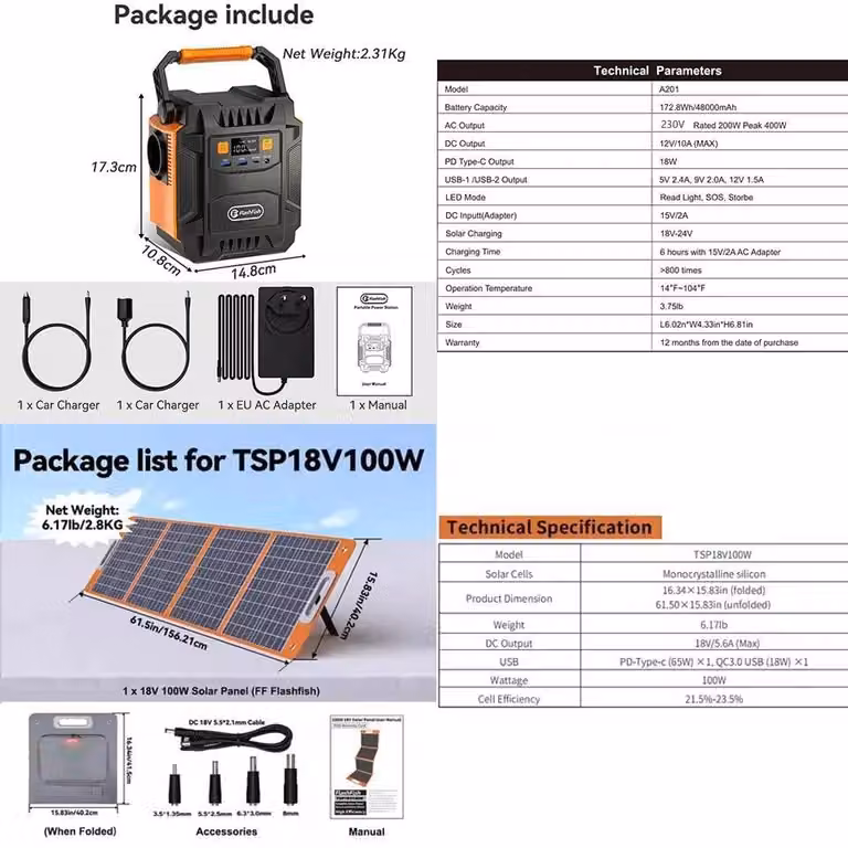 Stazione di ricarica portatile/generatore solare – A201 con pannello da 100 W – 200 W CA 230 V UE – 172,8 Wh agli ioni di litio – USB-C PD 18 W – CC 12 V 6,5 A – LED/SOS