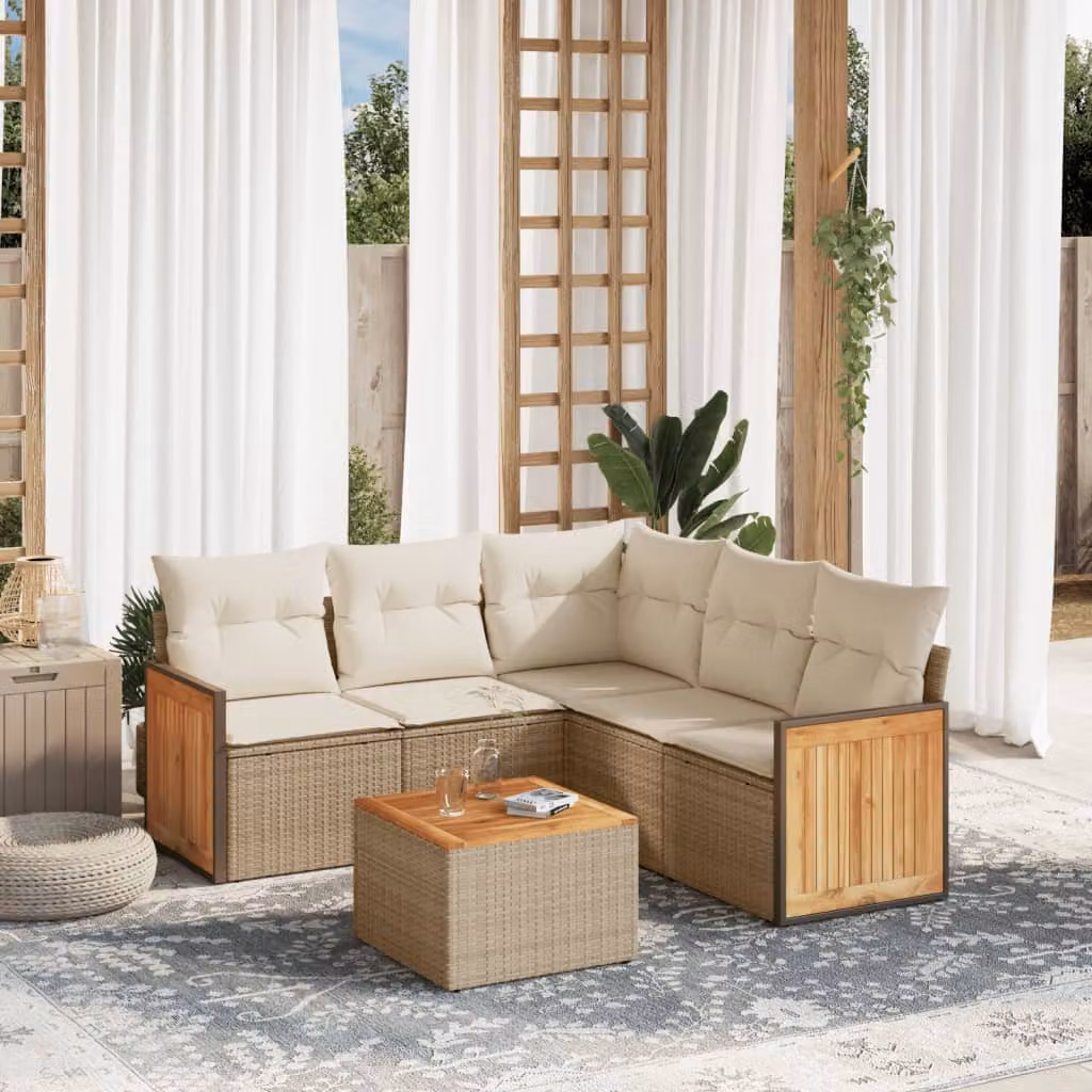 vidaXL Set Divano da Giardino 6 pz a L in Polyrattan con Cuscini Beige e Tavolino da Esterno – 1