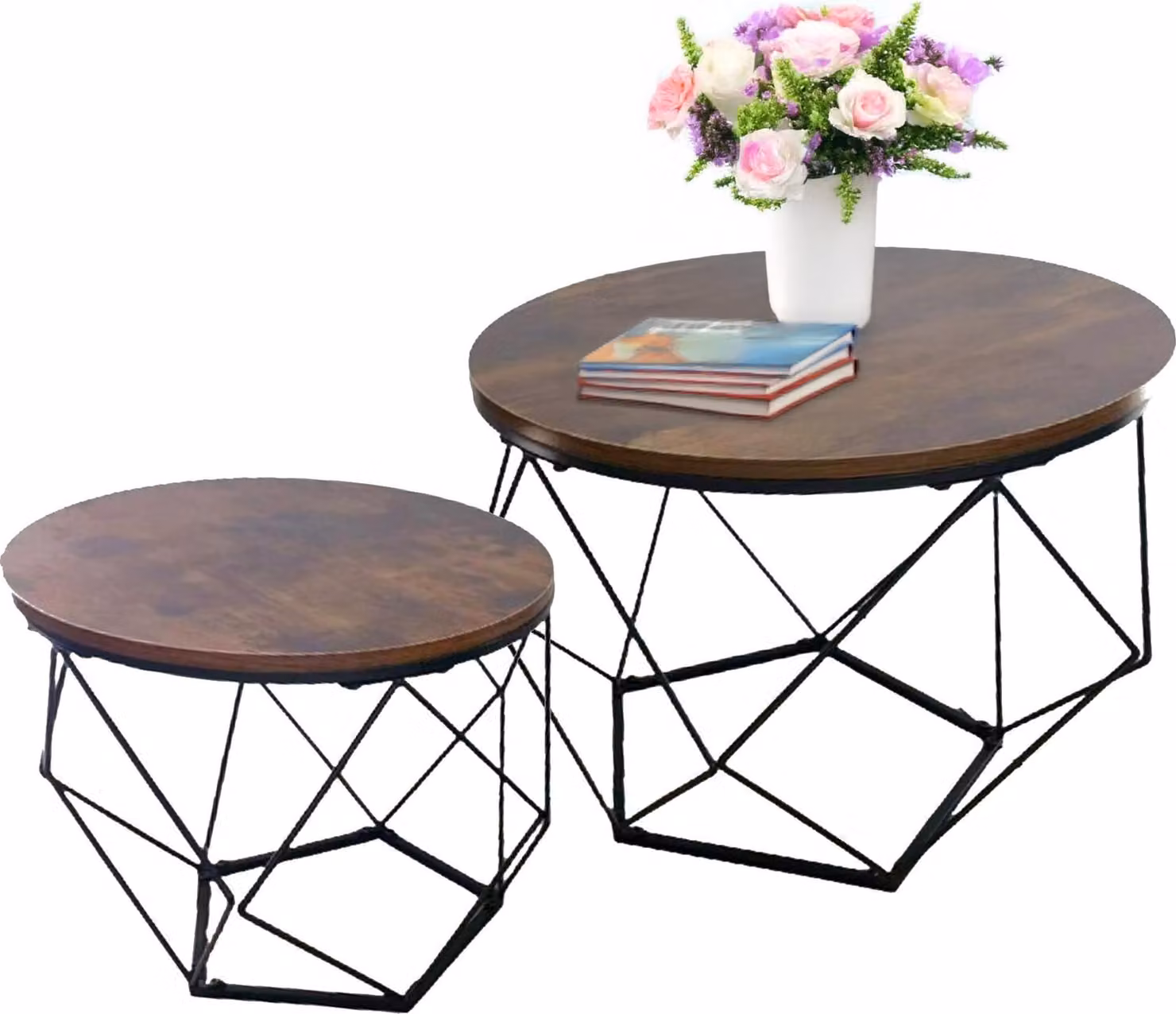 Tavolino Relaxdays, set da 2, effetto legno e metallo, design industriale, tavolini rotondi, soggiorno, marrone/nero
