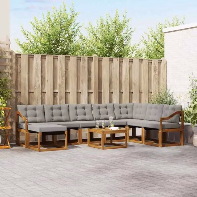 Set di divani da esterno a L vidaXL in legno di acacia con cuscini beige e grigi, composto da 9 pezzi con tavolino e pouf – 1