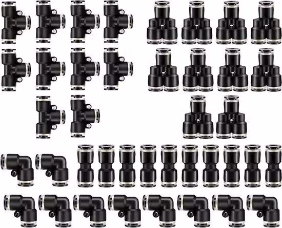 Set di raccordi pneumatici - Set da 40 pezzi composto da gomiti e raccordi a T in acciaio inossidabile da 1/4 di pollice, colore nero