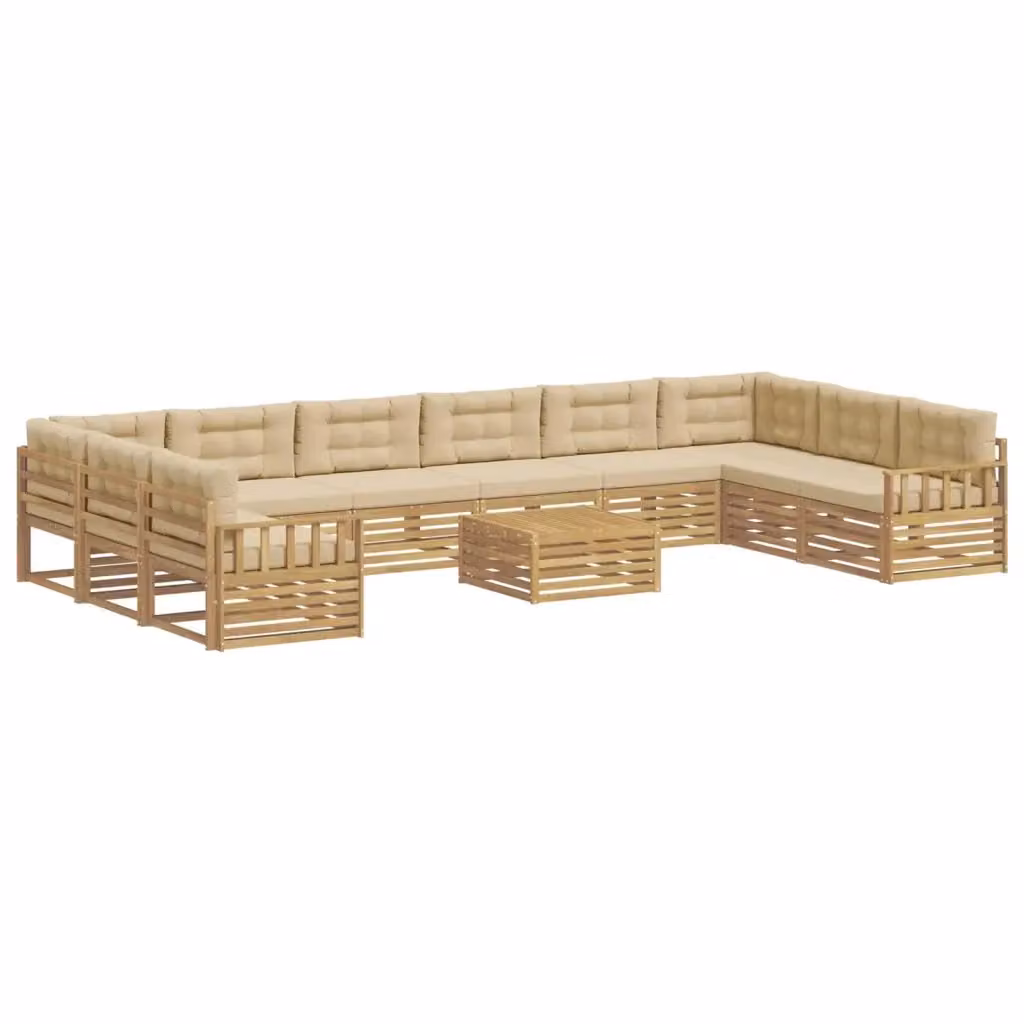 Set di divani da giardino a L con tavolo vidaXL in legno di acacia marrone e beige con 11 pezzi e cuscini inclusi – 2